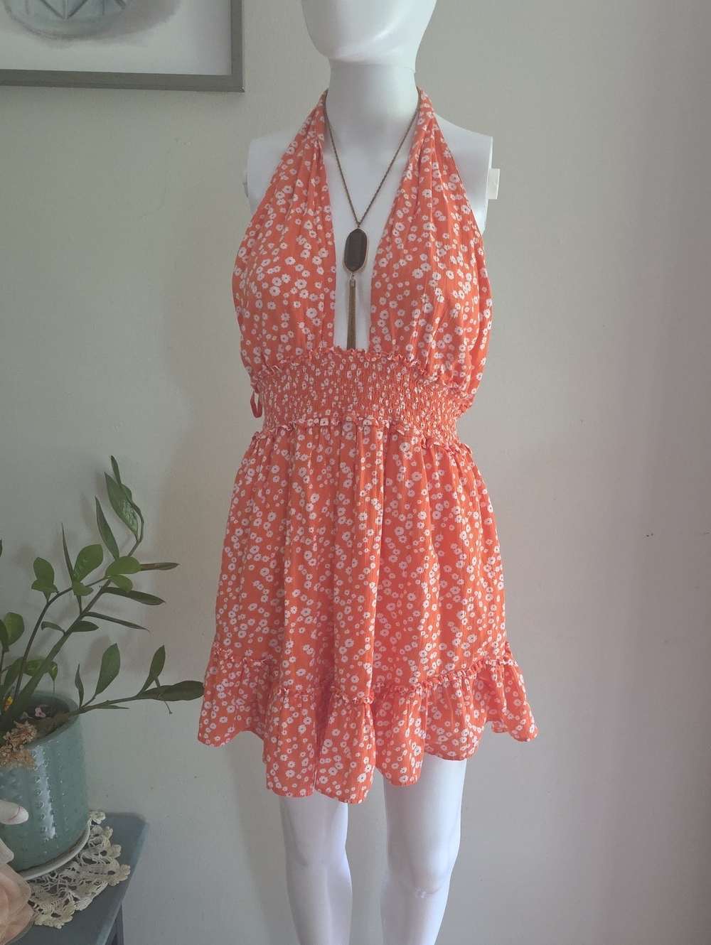 aerie Orange Halter Floral Sundress